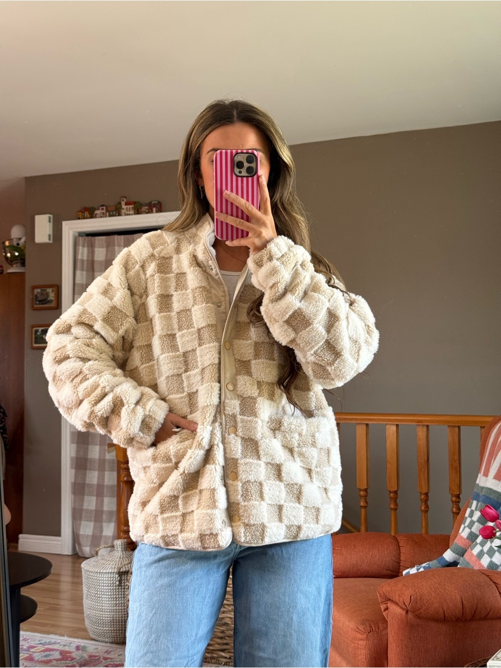 Amazon Cream Checkered Teddy Sherpa Jacket